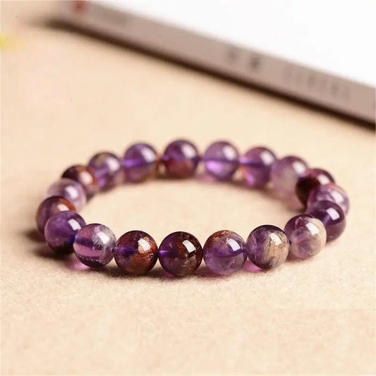 Cacoxenite Quartz Purple Ghost Round Beads Stretch Bracelet