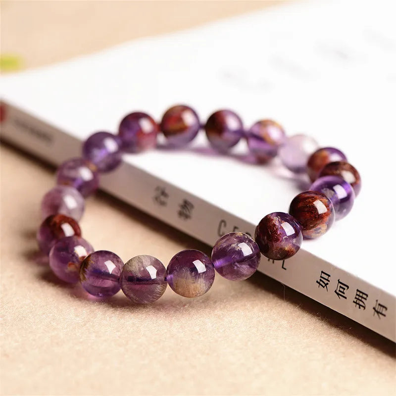 Cacoxenite Quartz Purple Ghost Round Beads Stretch Bracelet