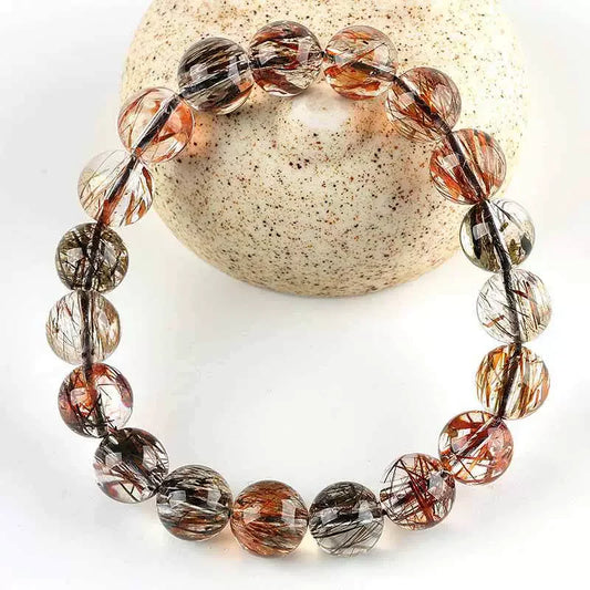 Black Gold Rutilated Quartz Clear Round Beads Bracelet Stretch Seven 7 Women Men Orange Rutilated