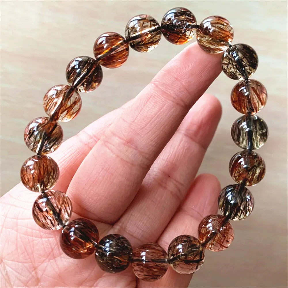 Black Copper Seven 7 Rutilated Quartz Bracelet Woman Man Clear Round Beads Stretch 8mm 9mm 10mm 12mm 14mm